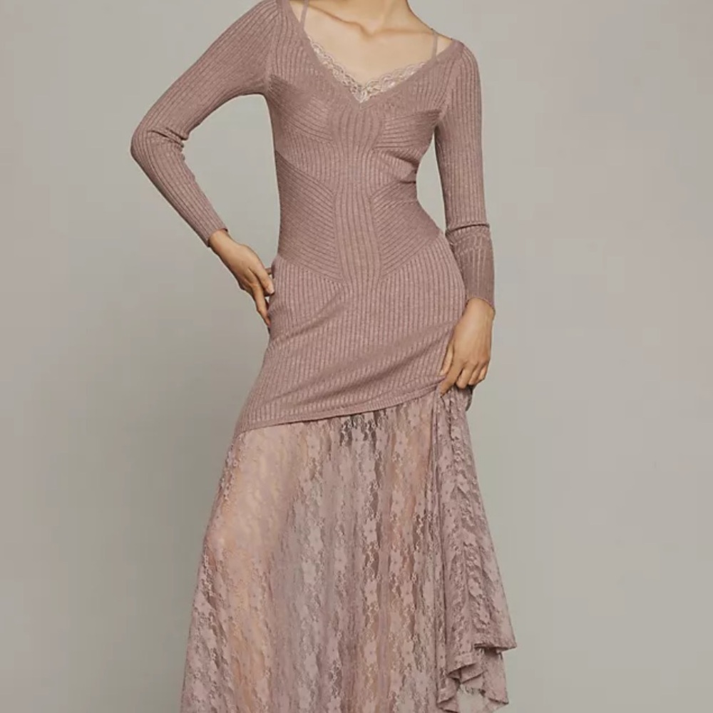 Anthropologie Mauve Asymmetrical Lace-Trim Ribbed Maxi Dress